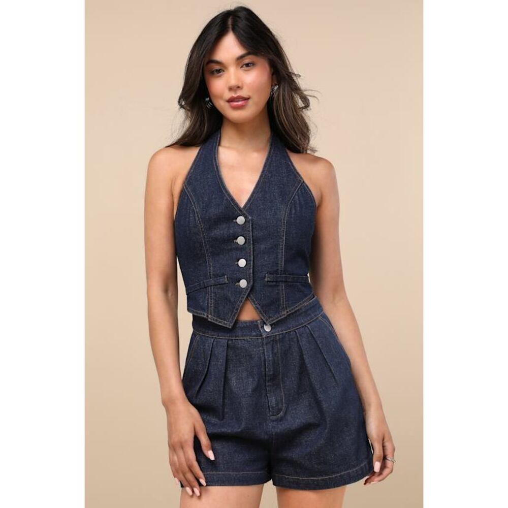 Lulus Jacquette Dark Wash Denim Pleated Halter Vest Romper Blue - Size XL